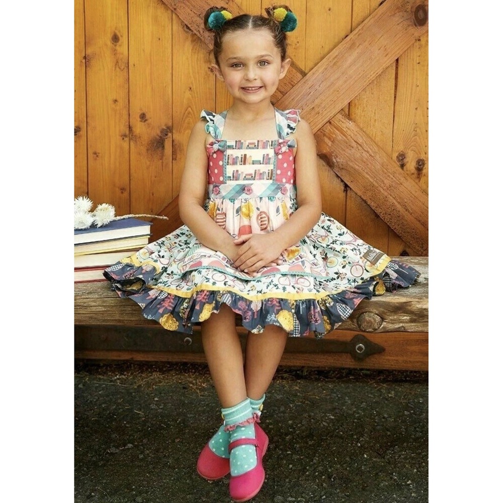 Matilda Jane MJ Girls Bike Path Knot Dress Size 12 W/Removable Apronβ